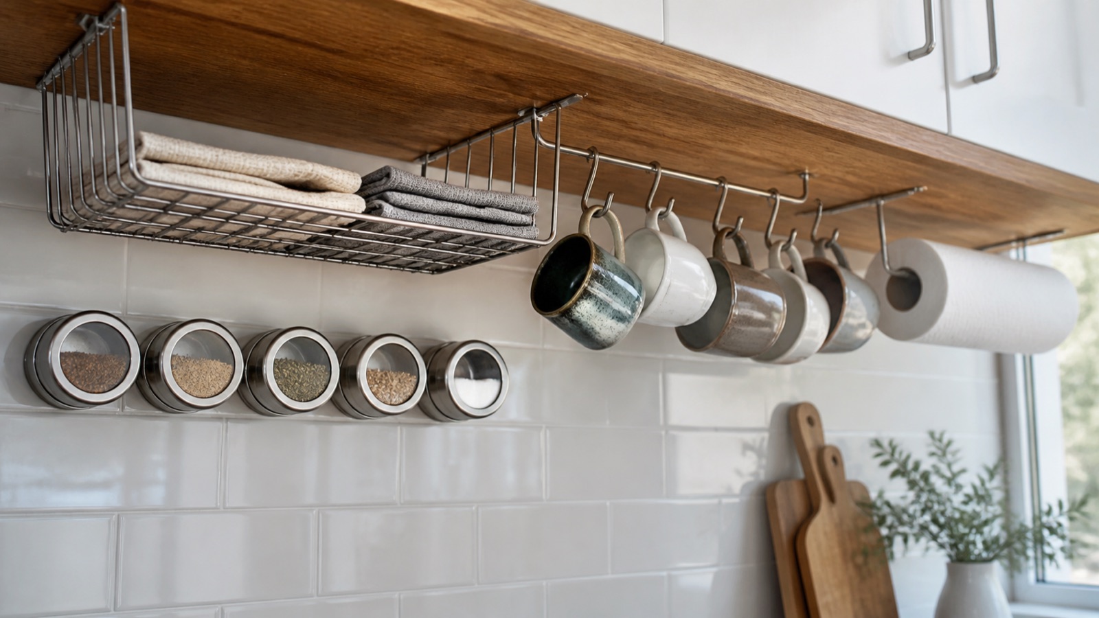 Under-cabinet storage with a hanging basket, mug rack, and magnetic spice tins