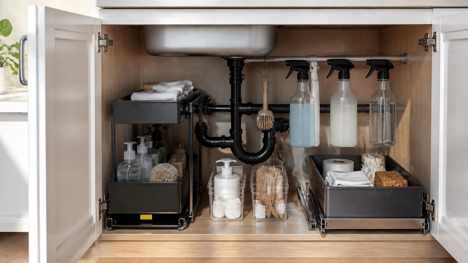 Under-sink cabinet organized with a sliding two-tier organizer and a tension rod for spray bottles