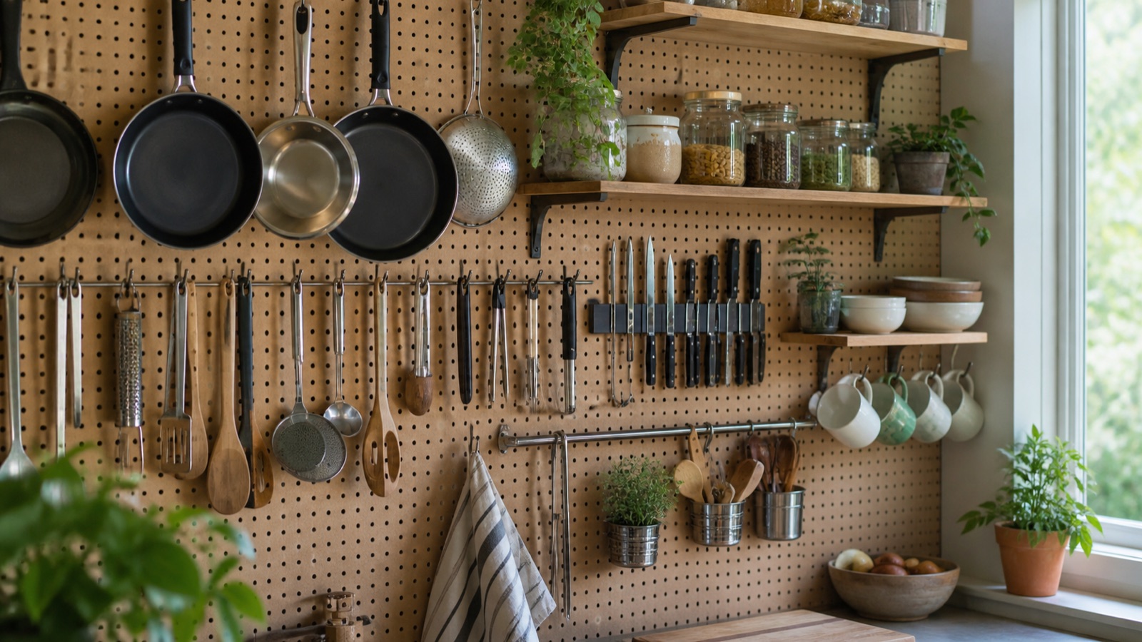 Kitchen wall storage with a pegboard, floating shelves, and a magnetic knife strip
