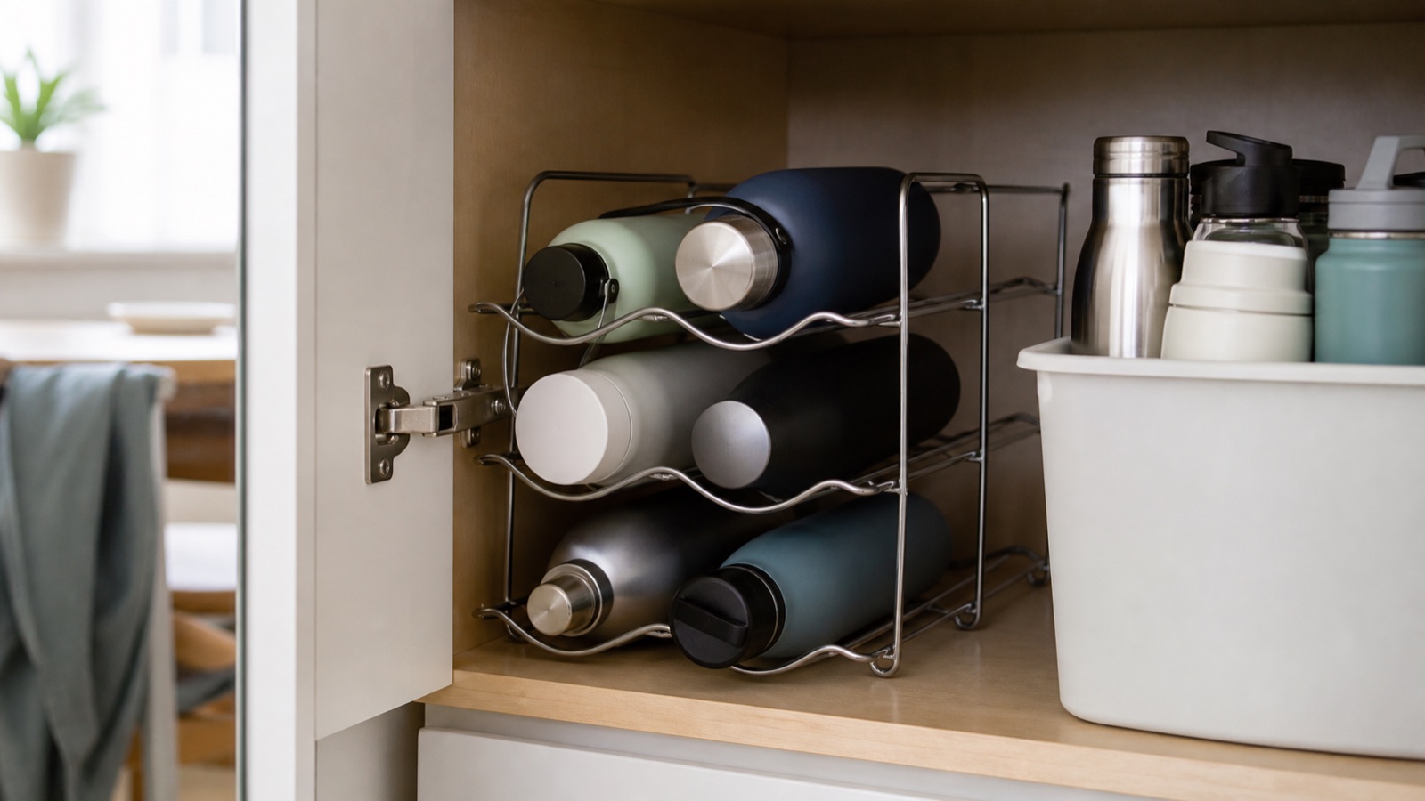 Reusable water bottles stored in a wire rack and a tall bin