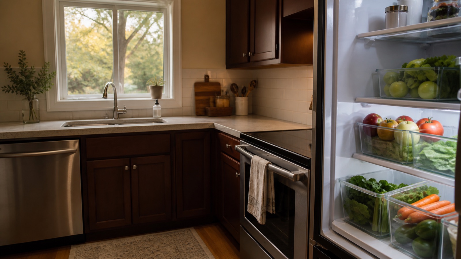 Small kitchen freshly reset with clear counters and tidy fridge bins