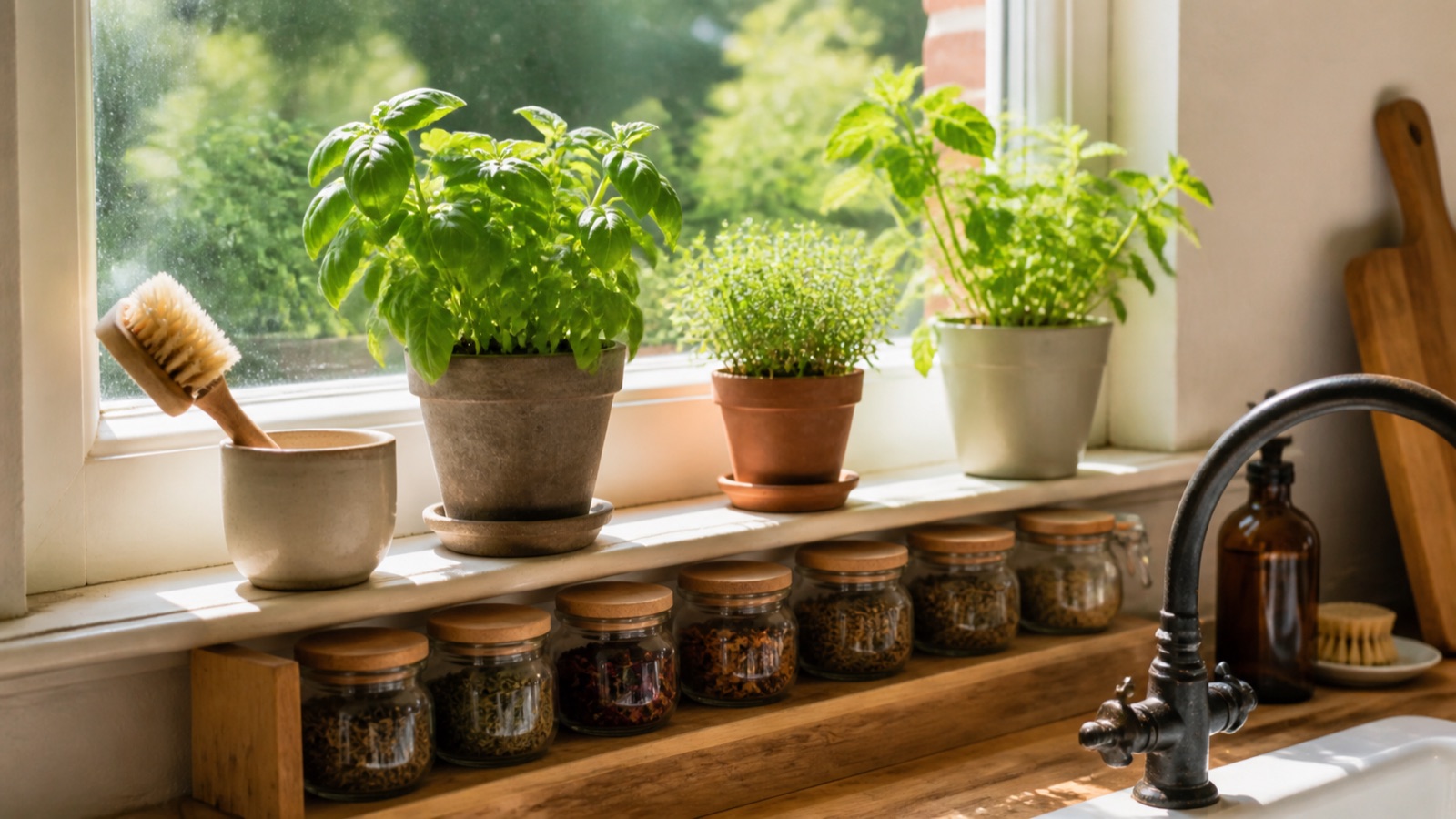 Kitchen windowsill above the sink used for herbs, jars, and a narrow ledge shelf